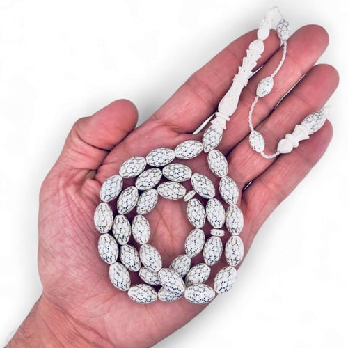 سبحة عاج ناب الفيل الافريقي منقوش طبيعي مطعم بالفض...