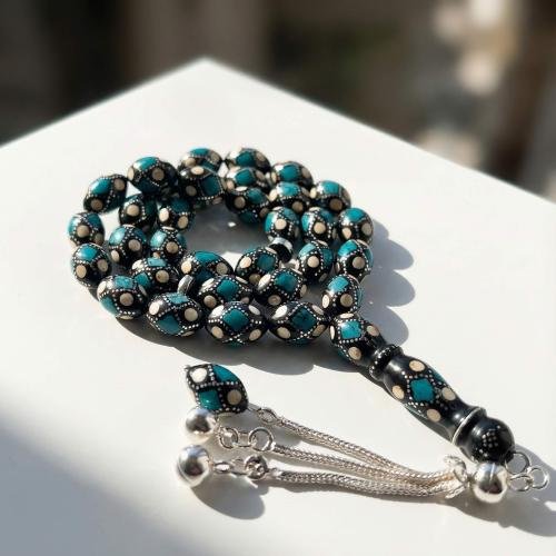 سبحة يسر المرجان الأسود والفضة مع فيـروز وعاج 10 م...