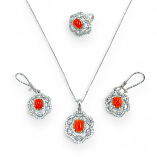 طقم فضة نسائي بحجر مرجان تونسي