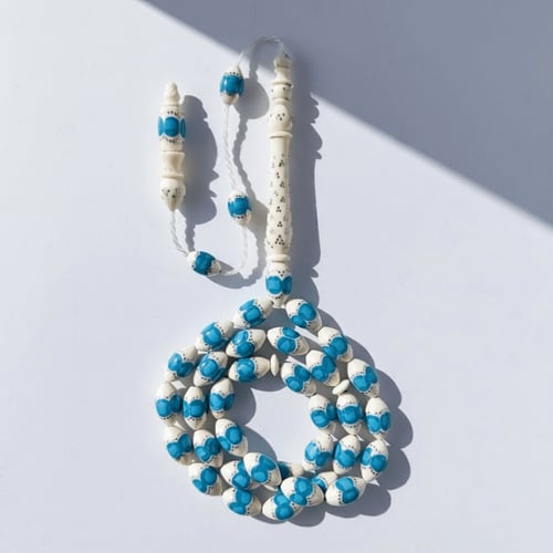 سبحة فاخرة من عاج ناب الفيل مطعم فضة و فيروز طبيعي...