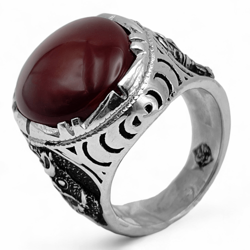 خاتم عقيق يماني كبدي فضة عيار 950