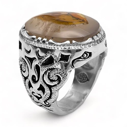 خاتم عقيق شجري مصور رجالي فضة عيار 950