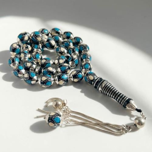 سبحة يسر فاخر بالفضة عيار 925 مطعمة بالفيروز والعا...