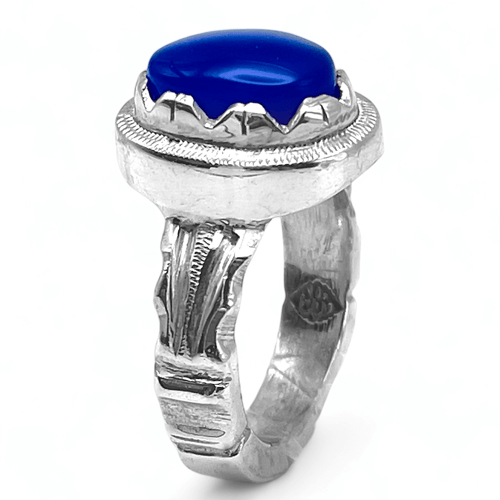 خاتم عقيق ياماني ازرق ملكي فضة عيار 950