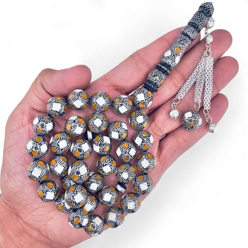 سبحة يسر وكوك فاخر بفضة عيار 1000 مطعمة بالكهرمان...