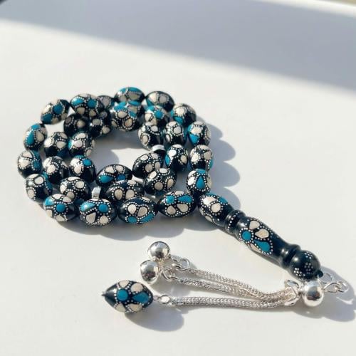 سبحة يسر المرجان الأسود والفضة مع فيـروز وعاج 10 م...