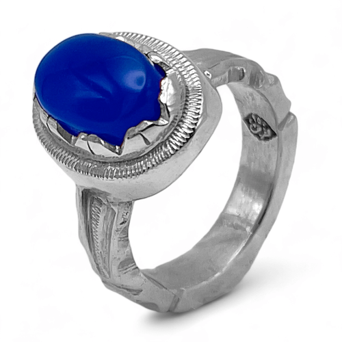 خاتم عقيق ياماني ازرق ملكي فضة عيار 950