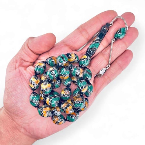 سبحة كوك فاخر مطعم بالفضة عيار 999 و حجر الملاكايت...