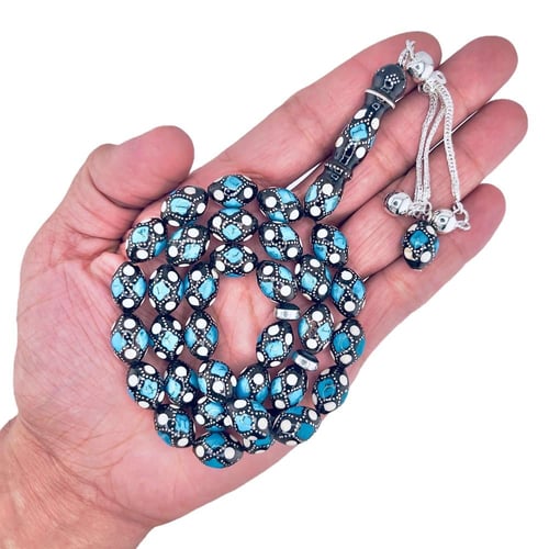 سبحة يسر المرجان الأسود والفضة مع فيـروز وعاج 10 م...