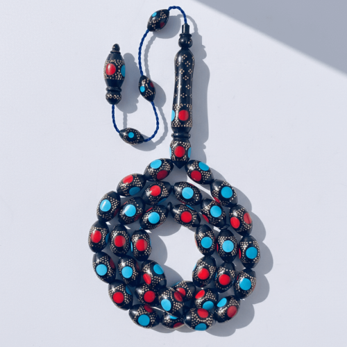 سبحة كوك طبيعي لوكس مطعمة نحاس نقي و لون ازرق و اح...