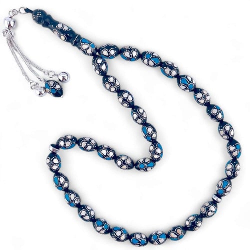 سبحة يسر المرجان الأسود والفضة مع فيـروز وعاج 10 م...