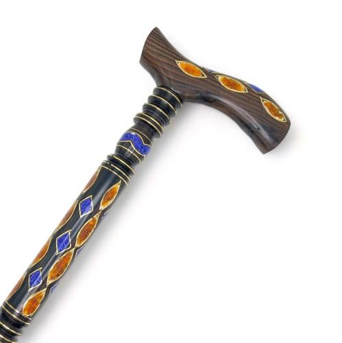 عصا عكاز من خشب الأبنوس مرصعة بالكهرمان واللازورد