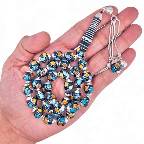 سبحة يسر فاخر بالفضة عيار 925 مطعم بالكهرمان والفي...