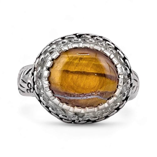 خاتم فضة رجالي ملكي بحجر عين النمر الطبيعي - فضة ع...