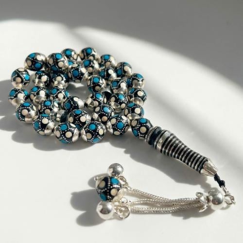 سبحة يسر بالفضة فاخرة عيار 925 مطعم بالفيروز و الع...