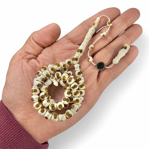 سبحة فاخرة من عاج ناب الفيل مطعم فضة و كهرمان - 8...