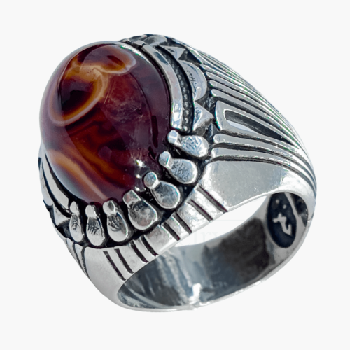 خاتم عقيق يماني سليماني فضة عيار 925 - توازن وشفاء...