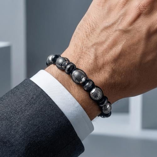 اسوارة يسر رجالية مطعمة بالفضة – المرجان الاسود ال...