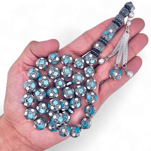 سبحة يسر مع كوك فاخر مطعم فضة عيار 1000 وبالفيروز...