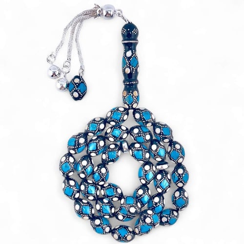 سبحة يسر المرجان الأسود والفضة مع فيـروز وعاج 10 م...