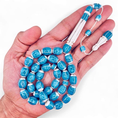 سبحة عاج ناب الفيل الافريقي مرصعة بالفضة و الفيروز...