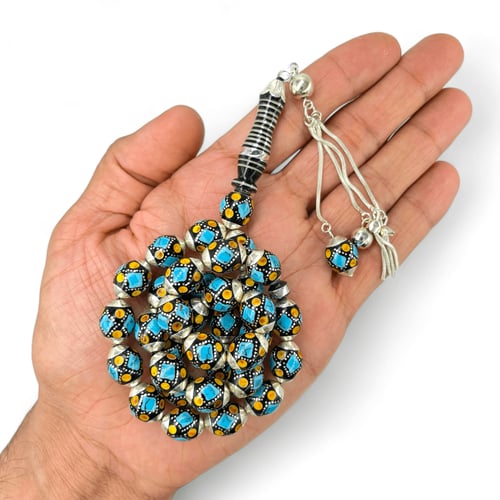 سبحة يسر مطعم بالفضة و الكهرمان و حجر الفيروز 10 م...