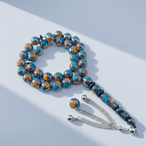 سبحة يسر مع كوك فاخر مطعم فضة عيار 1000 و بالفيروز...