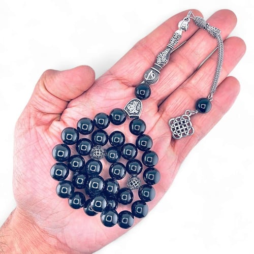 سبحة حجر عقيق أسود طبيعي - حجر أونكس 33 خرزة 10 مل...