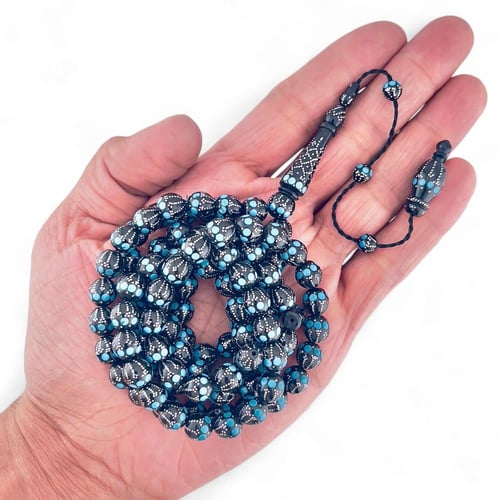 سبحة كوك طبيعي مرصعة بالفضة و الفيروزة 8 ملي