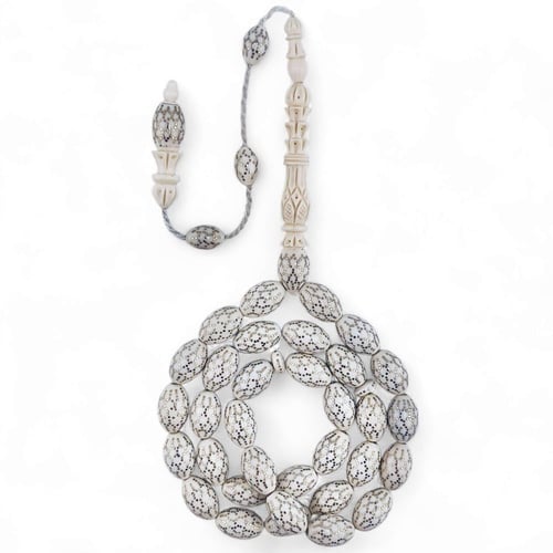 سبحة عاج ناب الفيل الافريقي منقوش طبيعي مطعم بالفض...