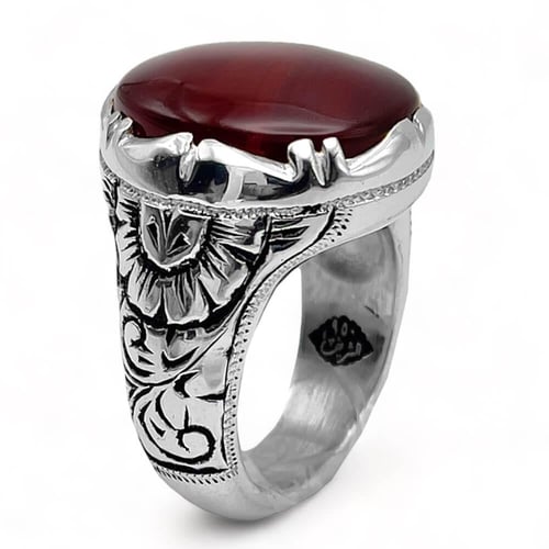 خاتم عقيق يماني كرزي رجالي فضة عيار 950