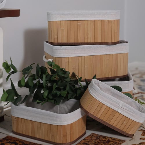 طقم سلات 5 قطع كبير مستطيل خشبي