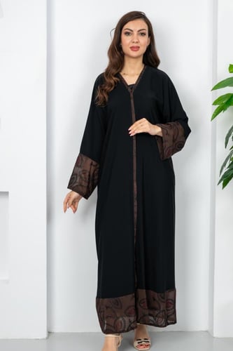 عبايه كريب نص كلوش اكمام شيفون باللون البني