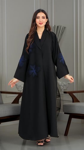 عباية ملكي كلوش مطرز ازرق بقصة بياقه