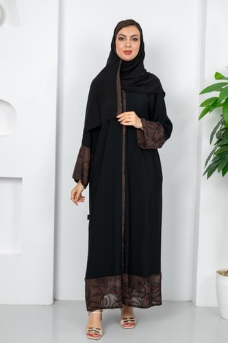 عبايه كريب نص كلوش اكمام شيفون باللون البني