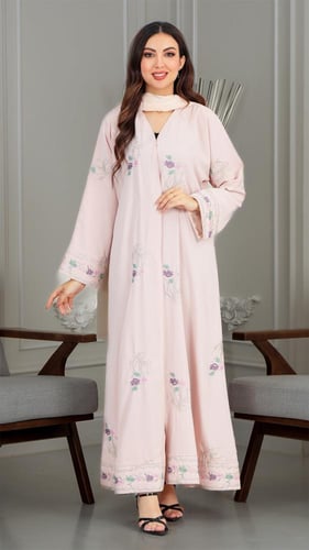 عبايه لنن مطرز لون وردي