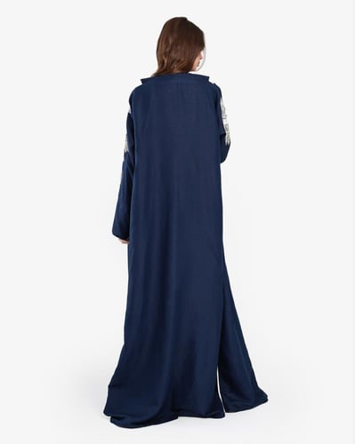 L019- عباية لنن كحلي تطريز