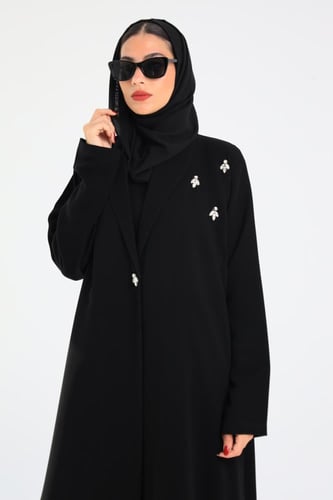 L148- عباية كريب أسود كرستالات