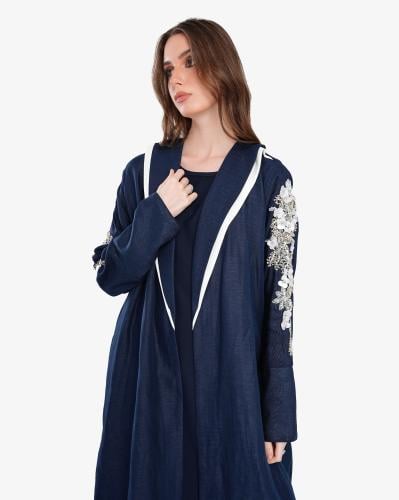 L019- عباية لنن كحلي تطريز