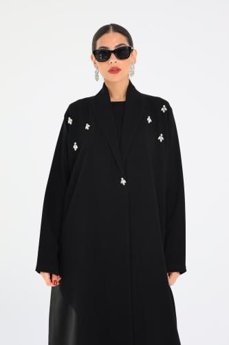 L148- عباية كريب أسود كرستالات