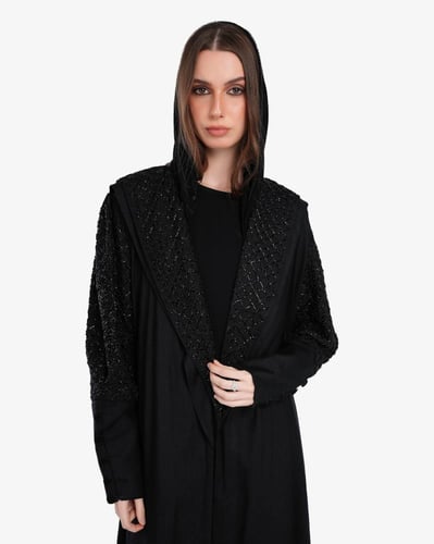 L079-عباية لنن أسود تطريز