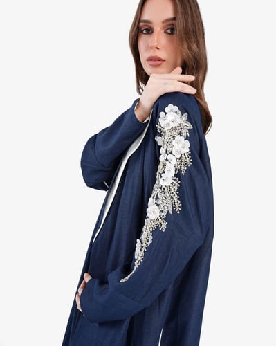 L019- عباية لنن كحلي تطريز