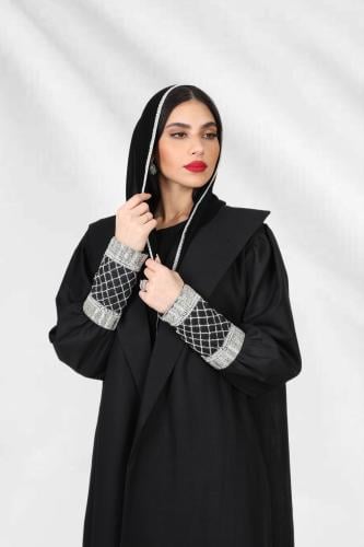 L04-عبايه لينين أسود - تطريز