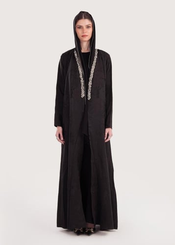 L182- عباية جاكار أسود تطريز