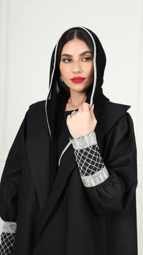 L04-عبايه لينين أسود - تطريز