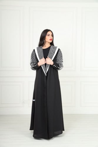 L080-عبايه لنن أسود تطريز أبيض