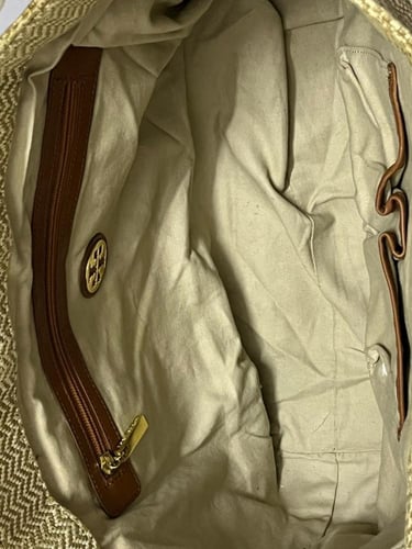 Tory Burch Beige Woven Canvas Tote Bag