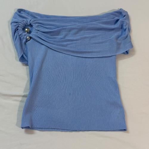 Light Blue Ribbed Off-the-Shoulder Knit Top with Metallic Ring Detail - Size M