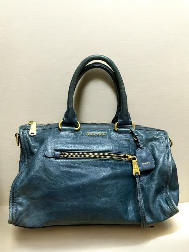 Miu Miu Blue Glazed Leather Front Zip Tote