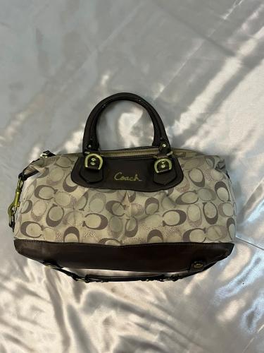 Coach Beige Signature Canvas Satchel Bag with Brow...